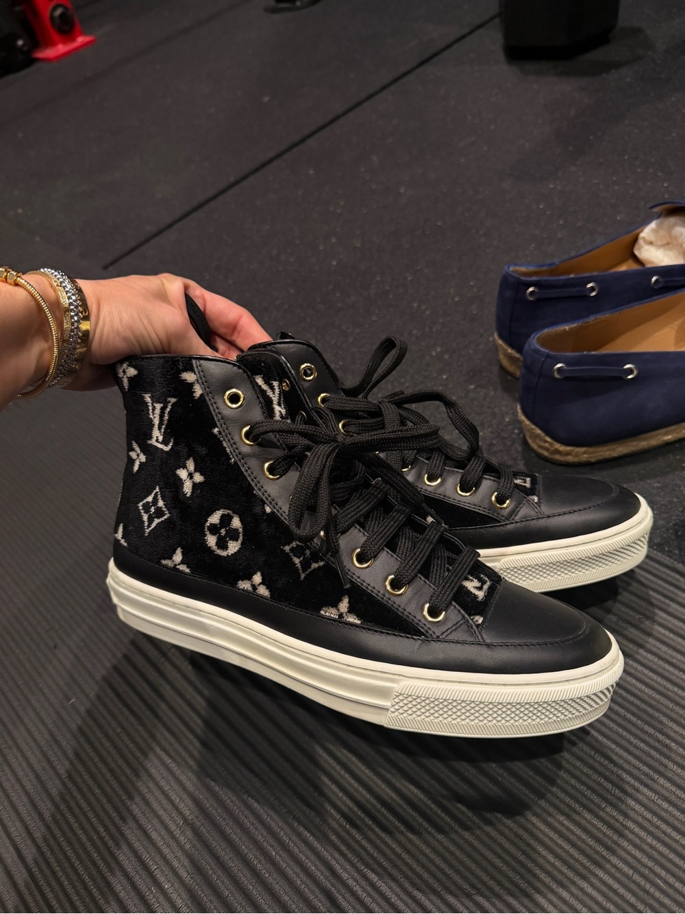 Louis Vuitton Black and White Monogram High-Top Sneakers